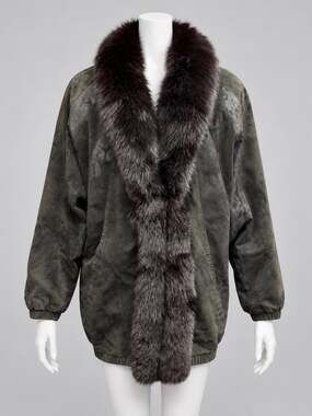 Vintage 90s Genuine Suede Leather Real Fox Fur Trim Coat Oversized L XL Black